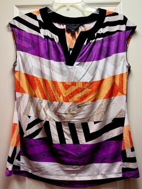 NWT Worthington Colorblock V-Neck Tank Top in Purple, Orange, Black & White PS